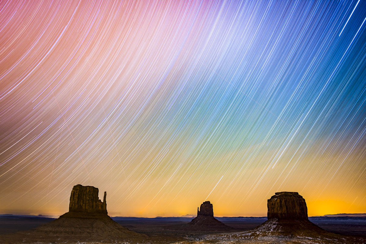 Two-hour star trails capture with "The Mittens" at Monument Valley Navajo Tribal Park, Arizona. I actually set up the tripod...
