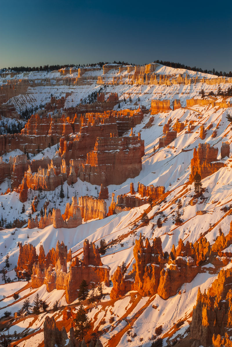 Morning light and snow on canyon walls, Bryce Canyon National Park, Utah. Winter is my favorite time to photograph in the park...