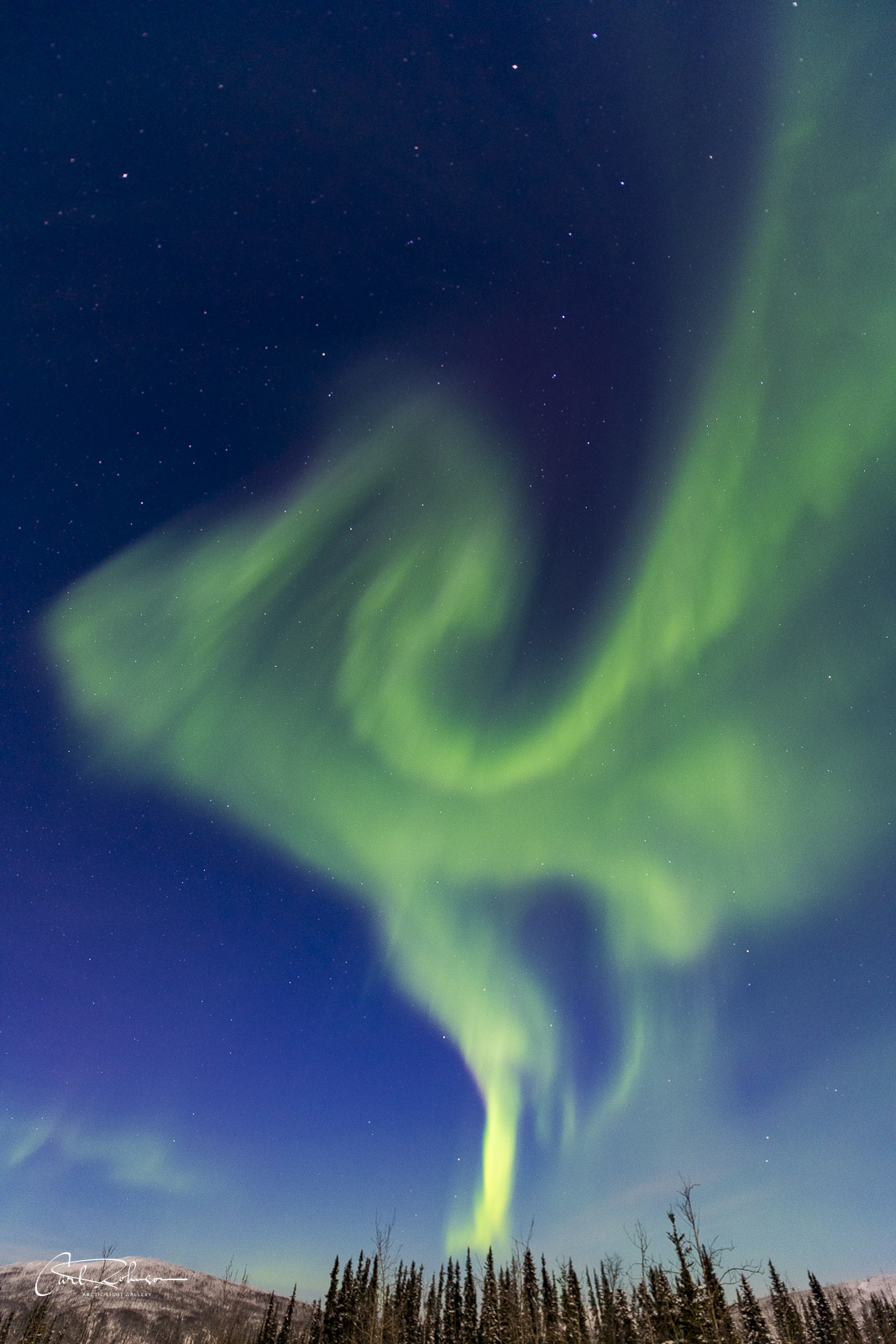 Aurora watching can sometimes be like watching for shapes in the clouds. Here, a towering formation of the aurora borealis seems...