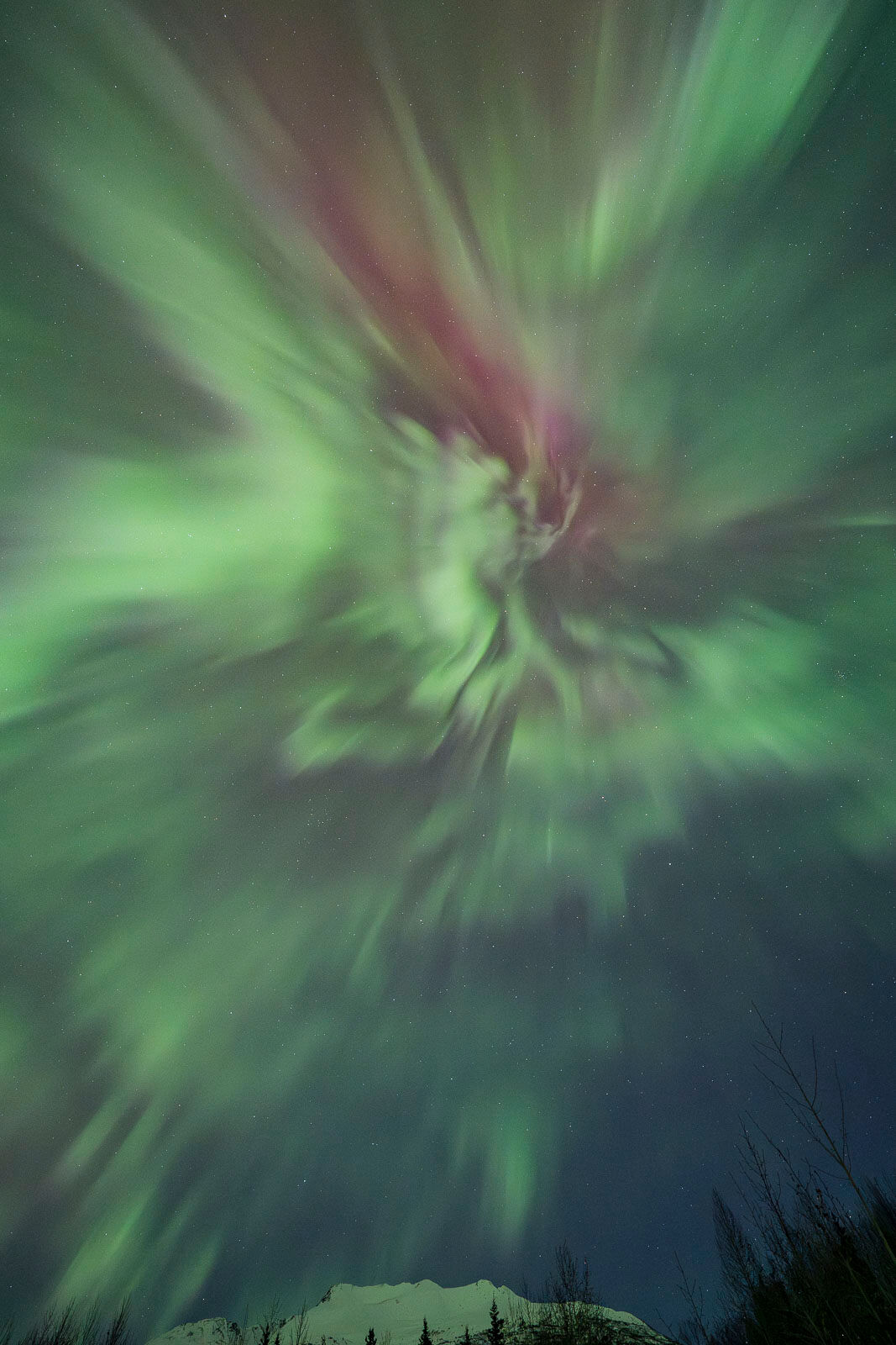 Pulsating aurora corona at Knik River valley, Alaska. 