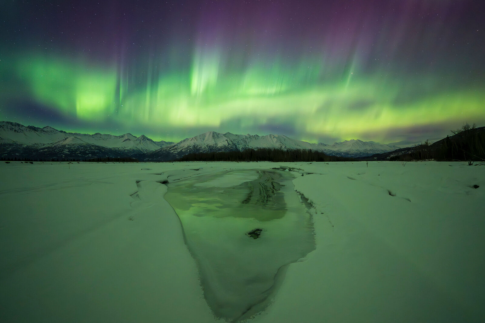 Aurora borealis in Knik River valley, Alaska. 