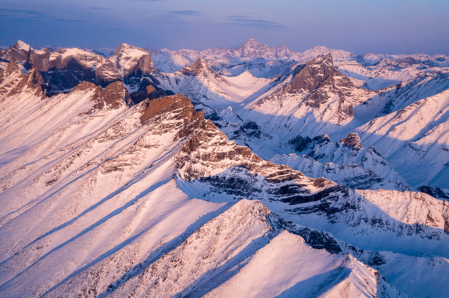 Morning aerial view of the Arrigetch Peaks in Gates of the Arctic National Park & Preserve.
