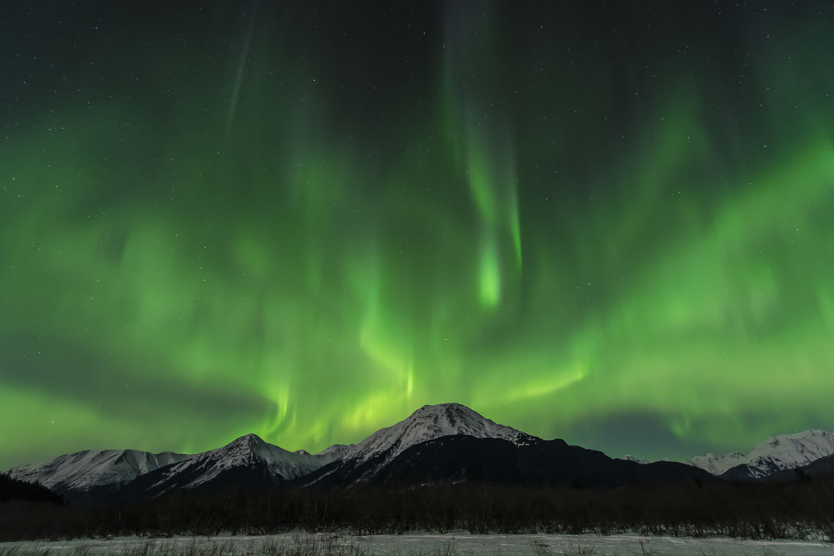 During a late March night of chasing the aurora, I went to the other side of the Turnagain Arm and waited over by Ingram Creek...