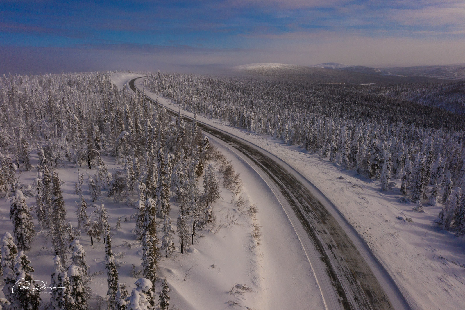 The Dalton Highway winds its way through a grove of snowy trees near the Yukon River.