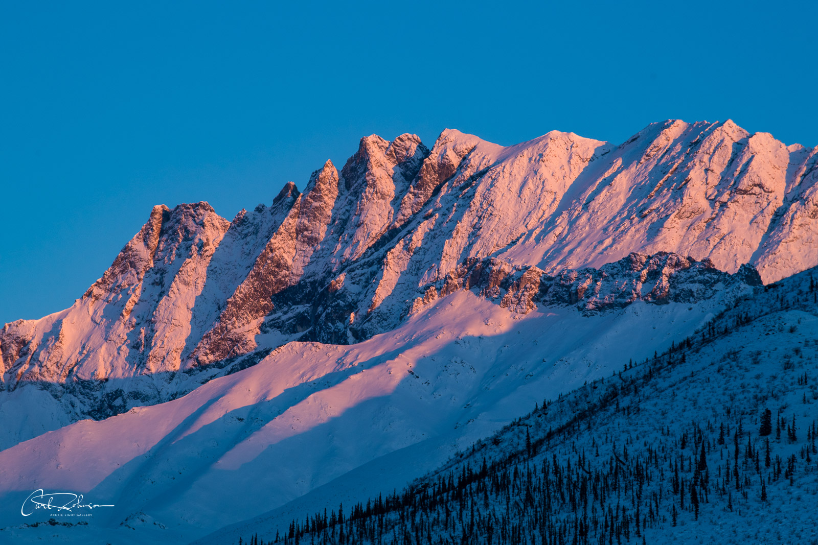 A mountain ridge in the Brooks Range glows pink with alpenglow on a winter evening.