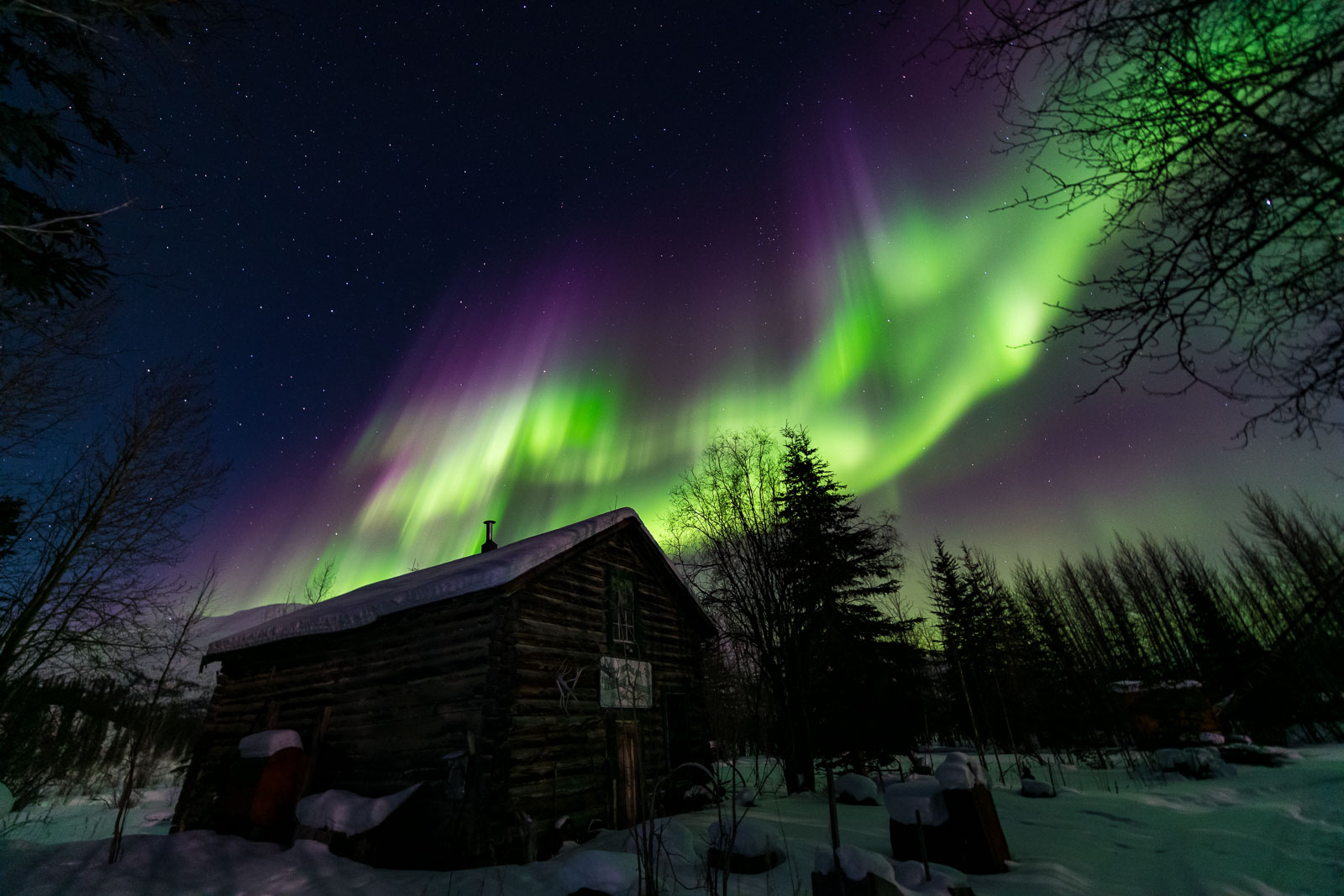 The aurora borealis soars over the historic General Store in Wiseman, Alaska.