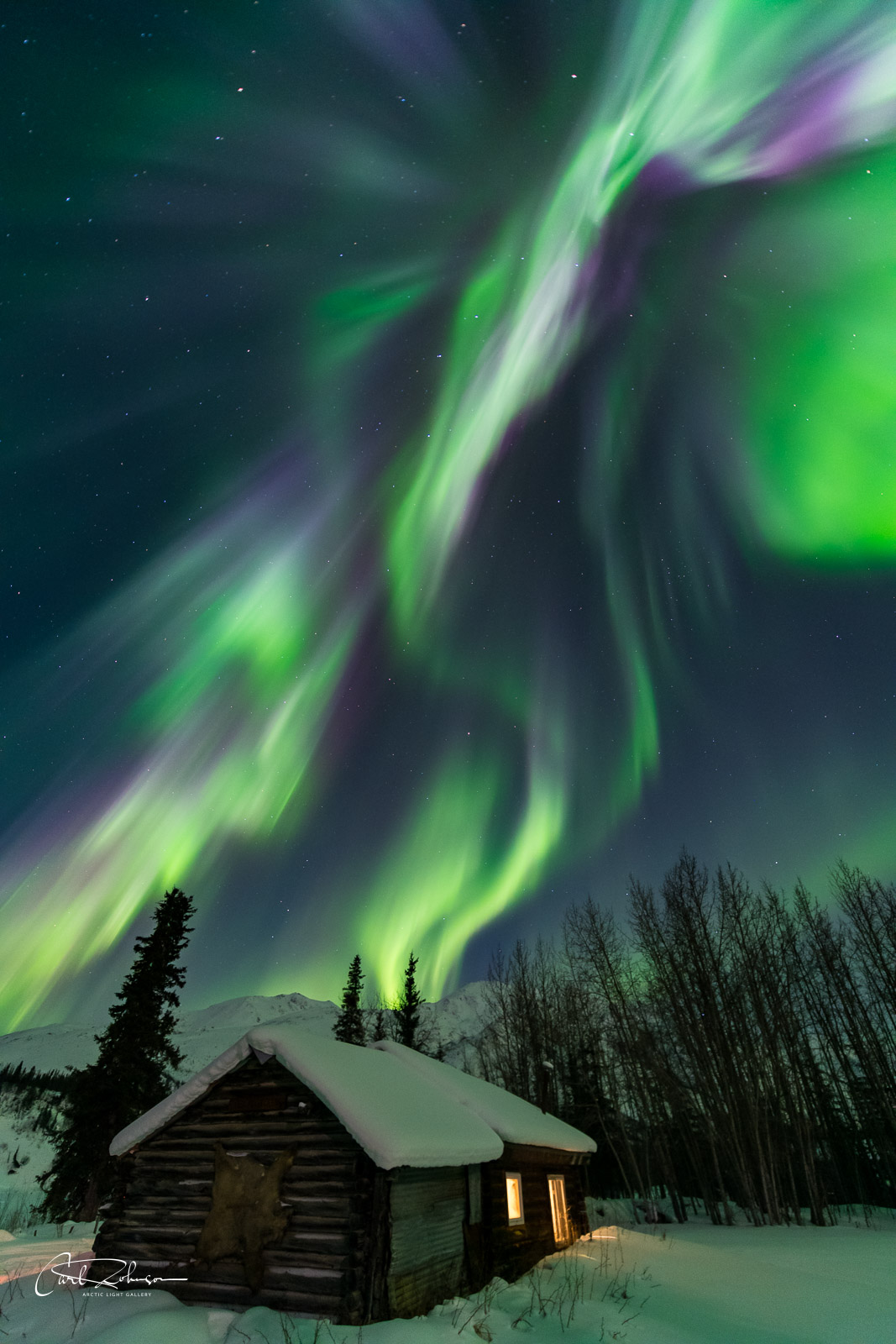 The aurora borealis soars over the Johnson cabin in Wiseman, Alaska.