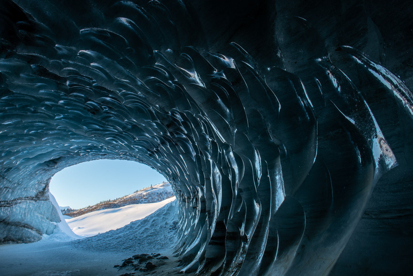 Light from the outside shines on the textures of the scalloped walls of the ice cave at Castner Glacier, Alaska.
