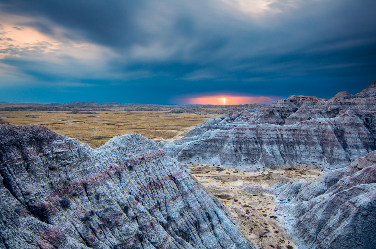 Lightning strike during spring thunderstorm, Badlands National Park, South Dakota