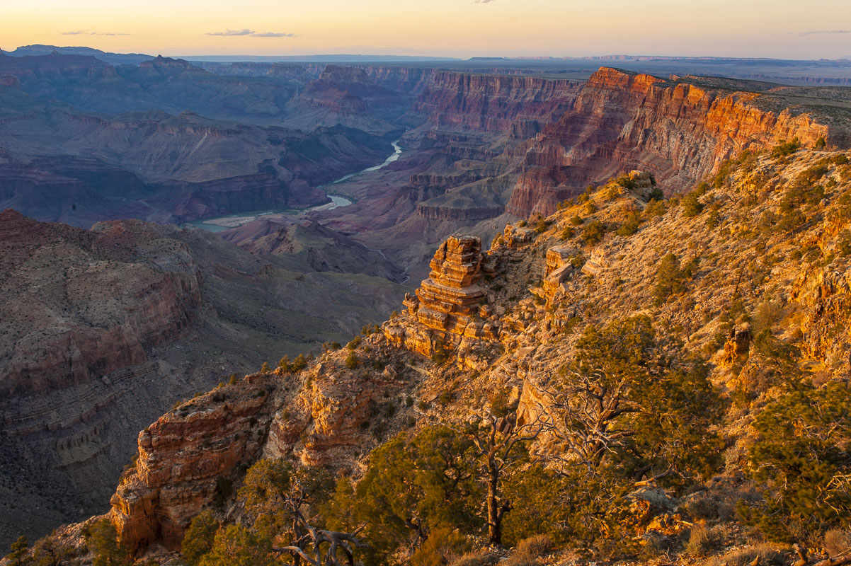 A look in evening light toward Comanche Point from Desert View on the South Rim, Grand Canyon National Park, Arizona.