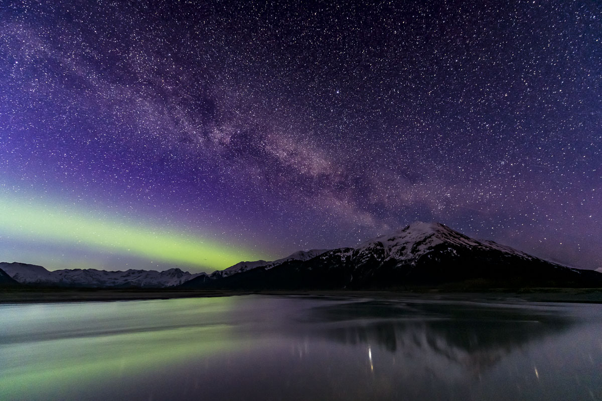 The Milky Way and a mild aurora over Twenty Mile River, Chugach National Forest.