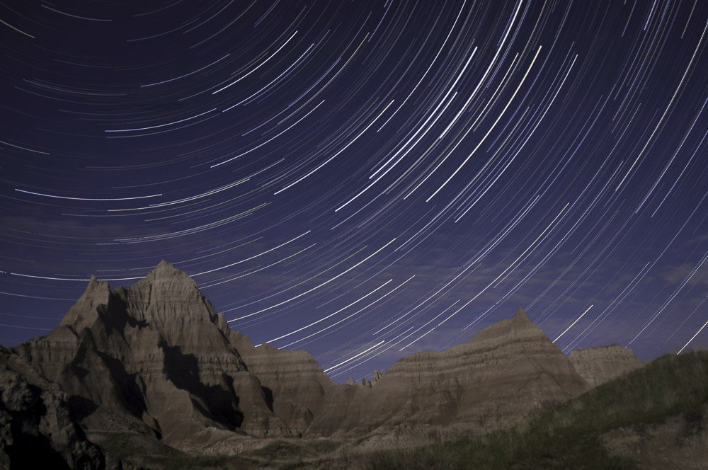 Stacked star trails photo, Badlands National Park