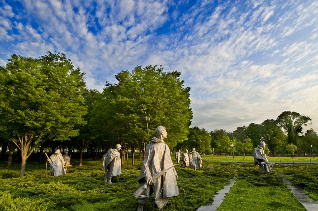 Statues of soldiers on patrol highlight the simple elegance of the Korean War Veterans Memorial in Washington, D.C.