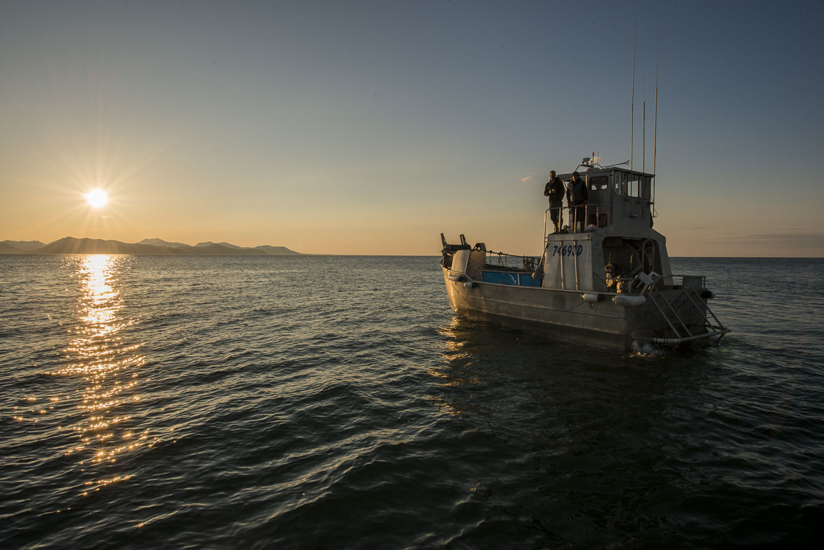 The crew of a commercial fishing boat in Kulukak Bay enjoy the sunrise view before a busy day of herring fishing.