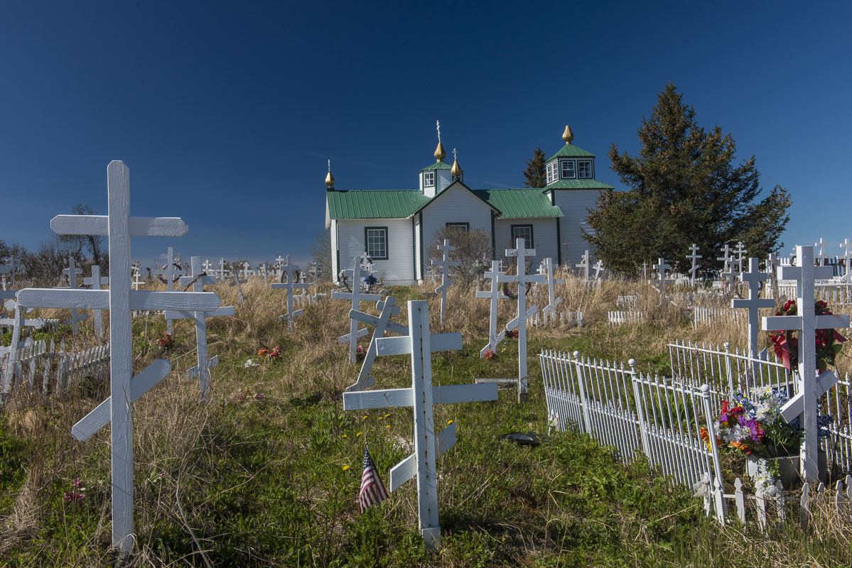 A field of crosses decorate a bluff overlooking Cook Inet near the village of Ninilchik at the Transfiguration of Our Lord Church...