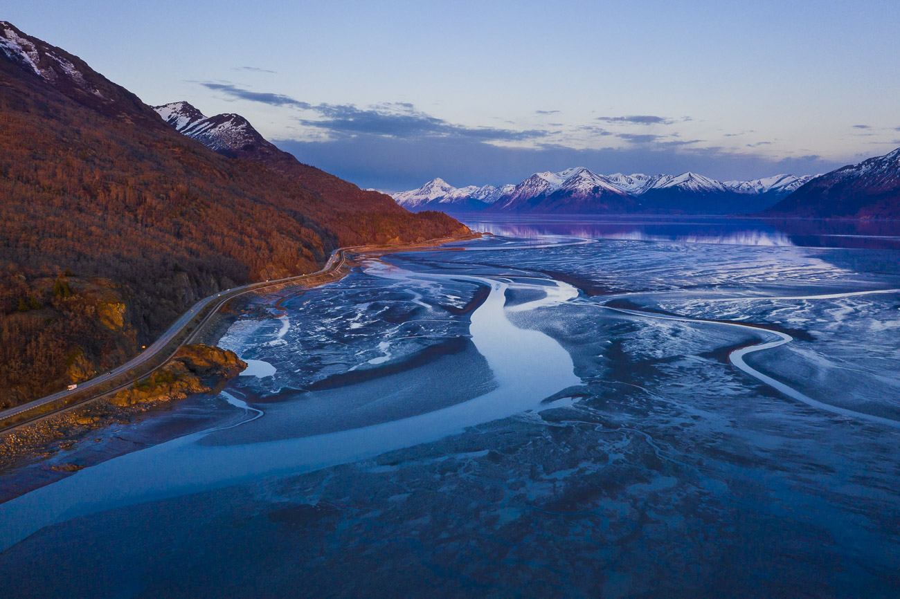 Just south of Anchorage lies the mouth of the Turnagain Arm. From this angle, there are a variety of lines leading to the Kenai...