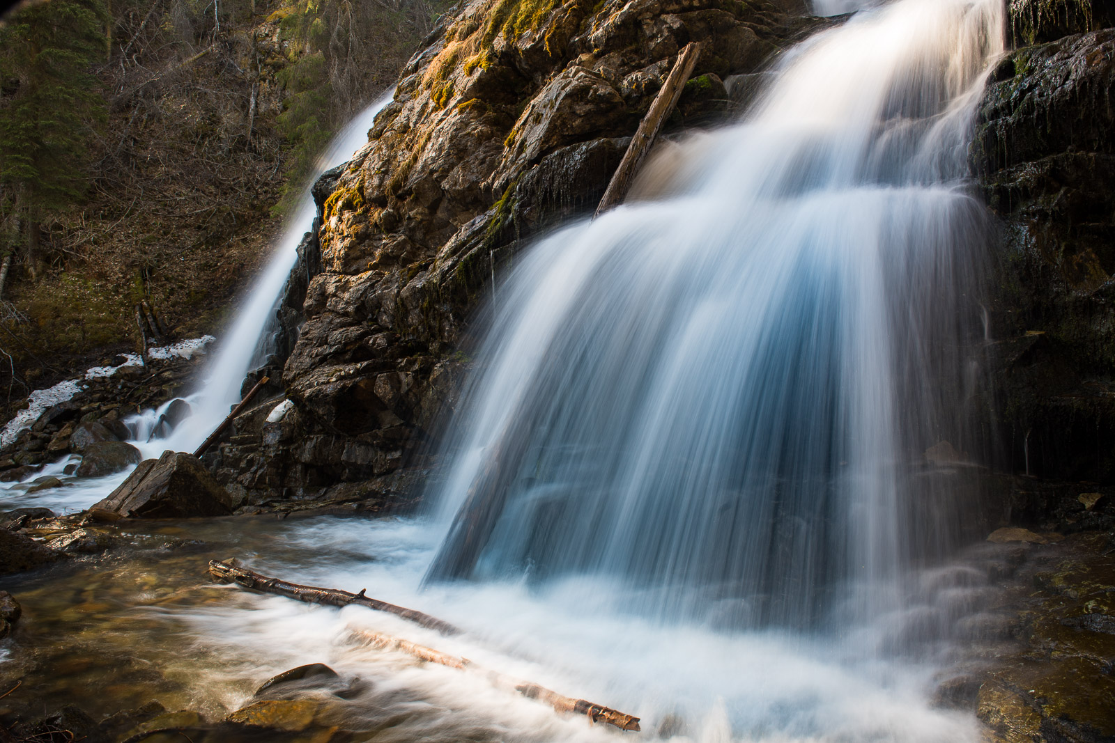 Cascading waters of Barbara Falls in Chugach State Park, Alaska.