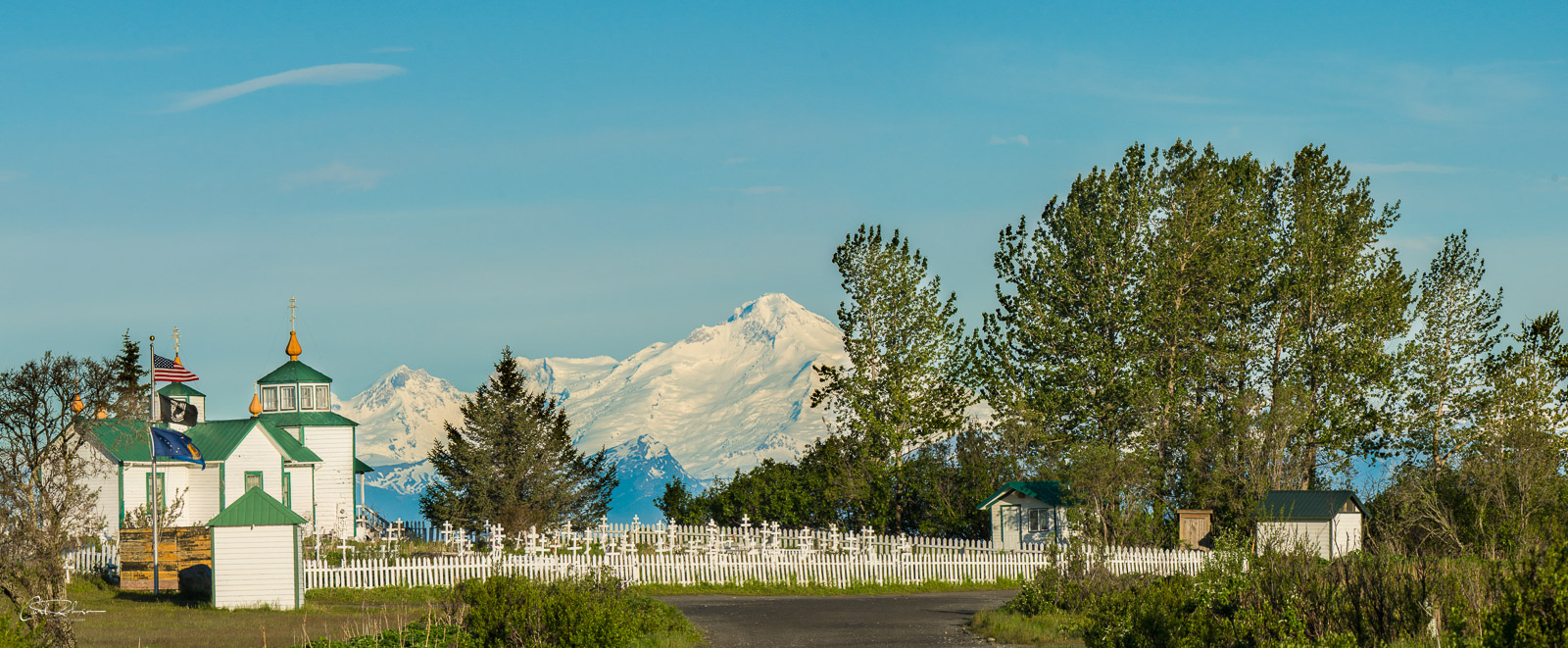 The Transfiguration of Our Lord Russian Orthodox Church in Ninlichik, Alaska, with Mt. Iliamna in the background.