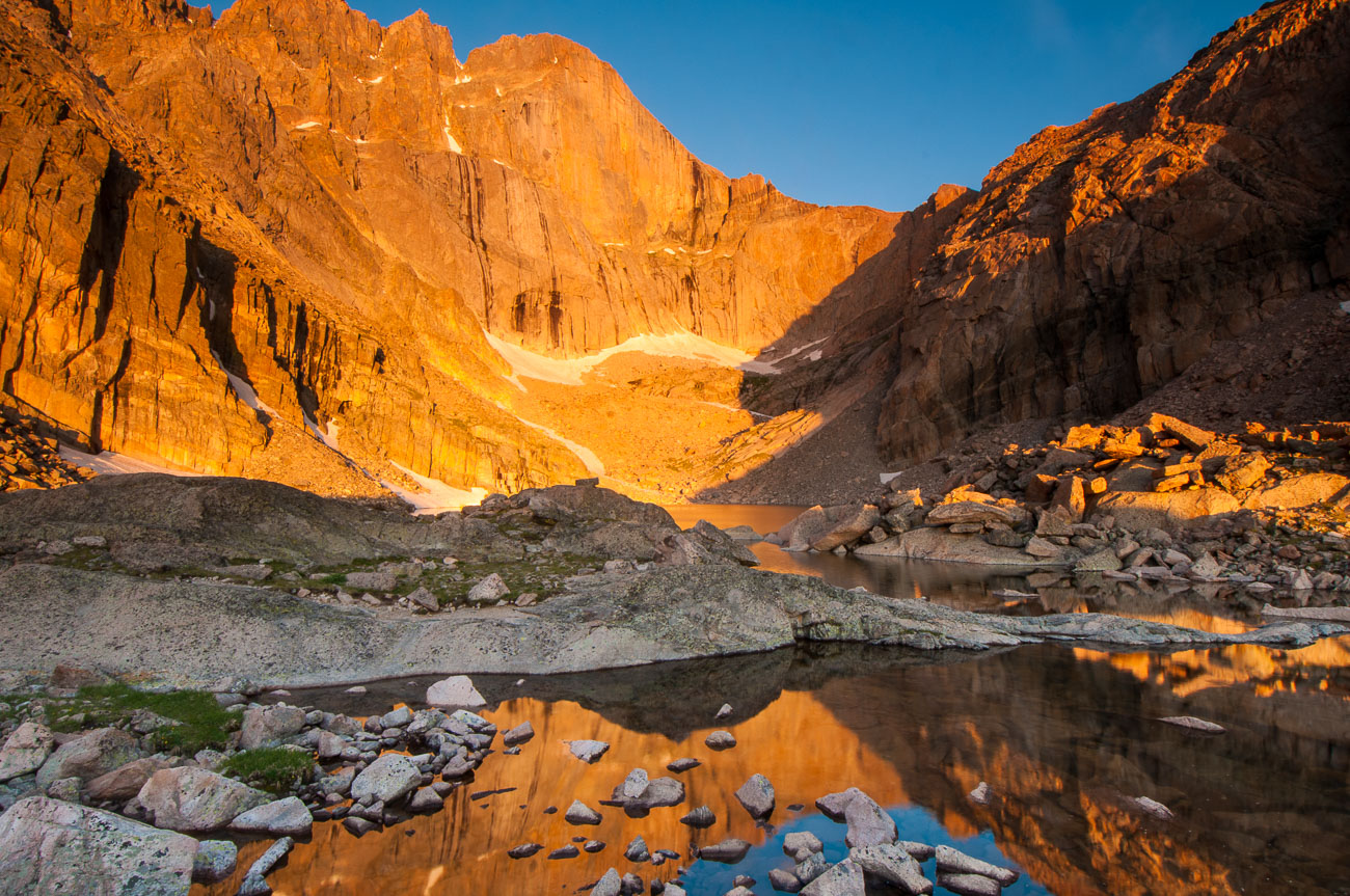 Morning light on Long's Peak, Chasm Lake, Rocky Mountain National Park, Colorado