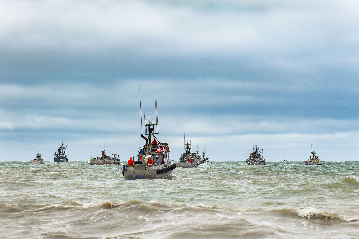 A fleet of drift net boats head out for a morning opener at the mouth of the Naknek River in Bristol Bay.