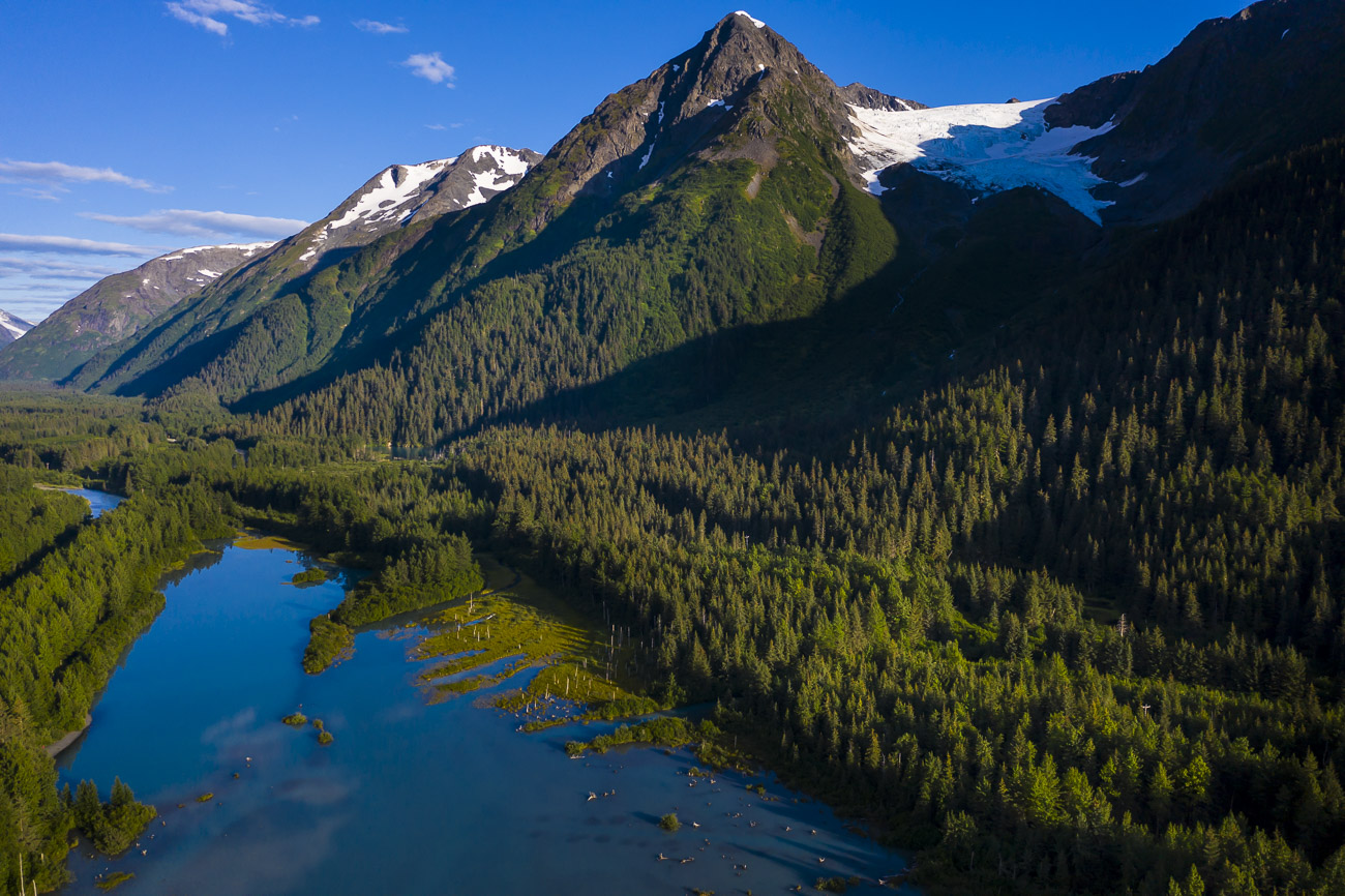 Aerial view of Explorer Glacier and Upper Explorer Pond in Portage Valley. The evening light and blue skies made for perfect...