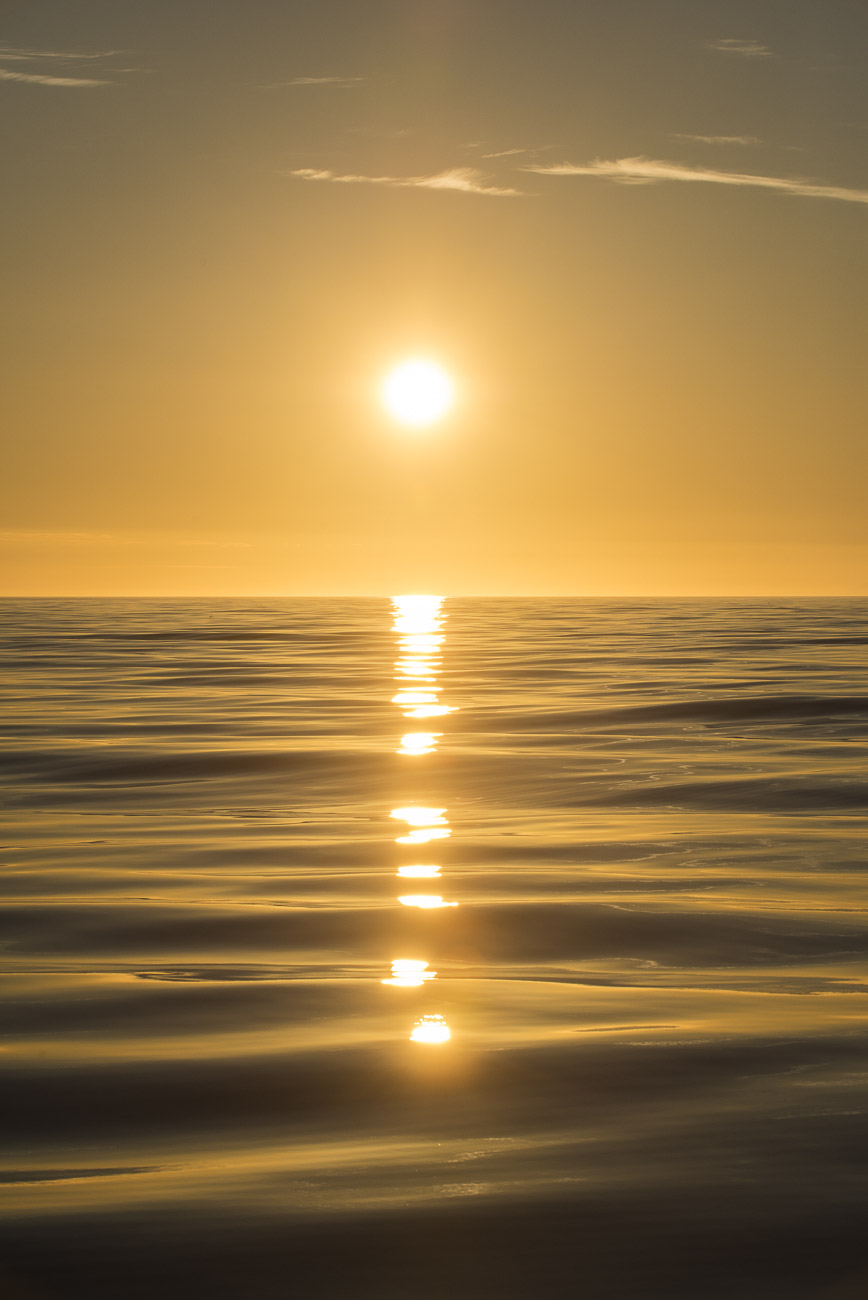 A late evening sun glows over the smooth waters of the Gulf of Alaska.