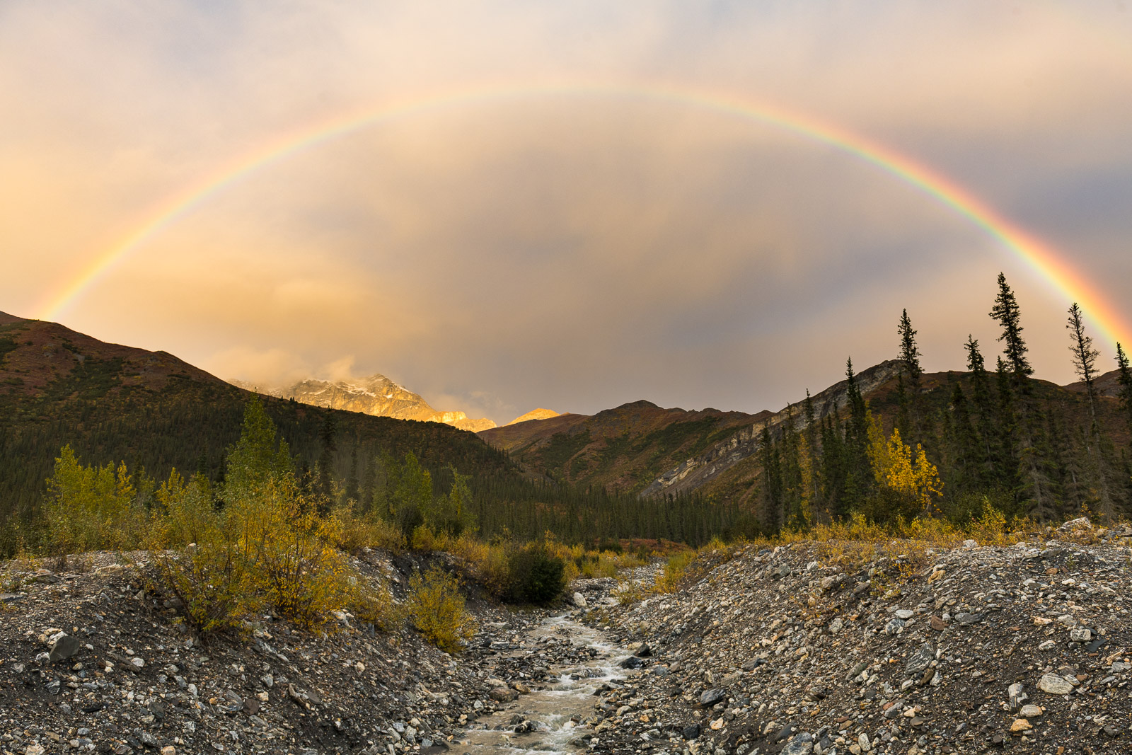 A rainbow arcs over a creek in the Brooks Range, Alaska.