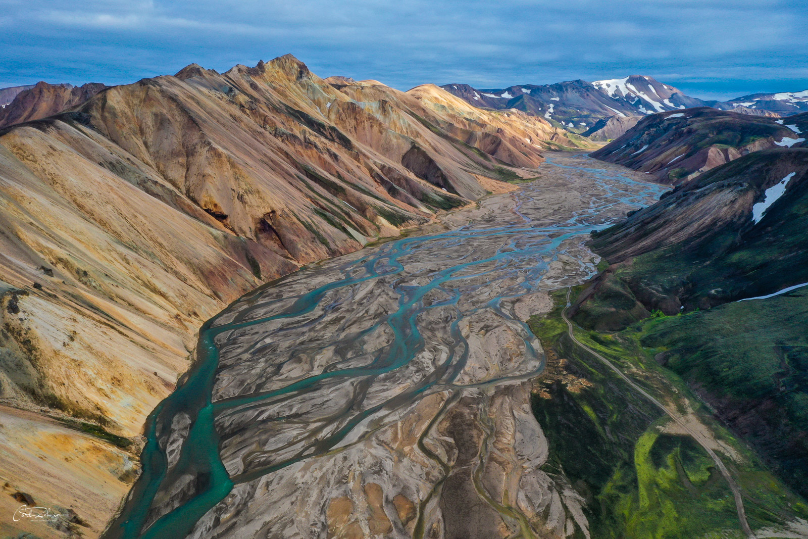 Aerial view of ridge and braided river at Landmannalaugar in the Iceland Highlands.