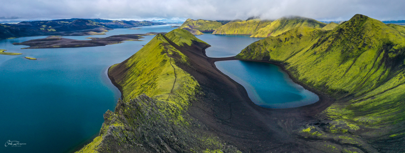 Aerial panoramic of Langisjór in Vatnajökull National Park, Iceland.