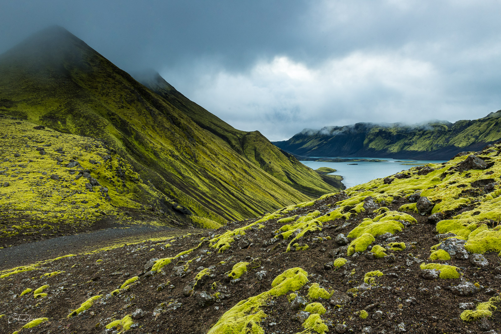 Langisjór Lake is surrounded by lush greens in Vatnajökull National Park in the Iceland Highlands.