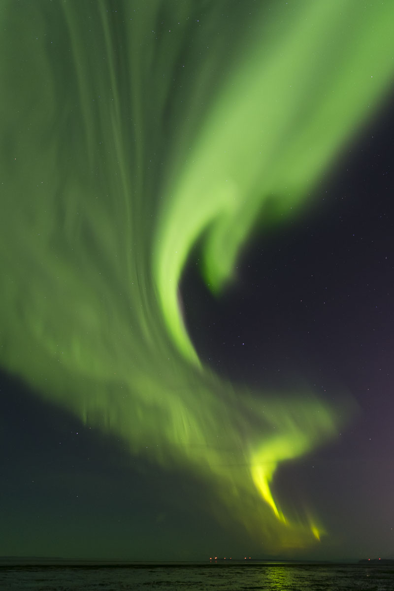 The aurora borealis reaches high into the sky above the mudlfats of the Anchorage Coastal Wildlife Refuge near the Rabbit Creek...
