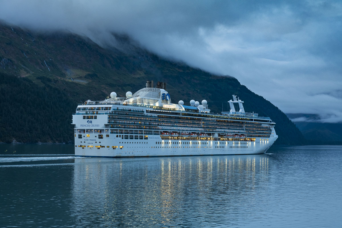 The Island Princess gets underway from Whiittier, steaming out into Prince William Sound enroute for its destination in Vancouver...