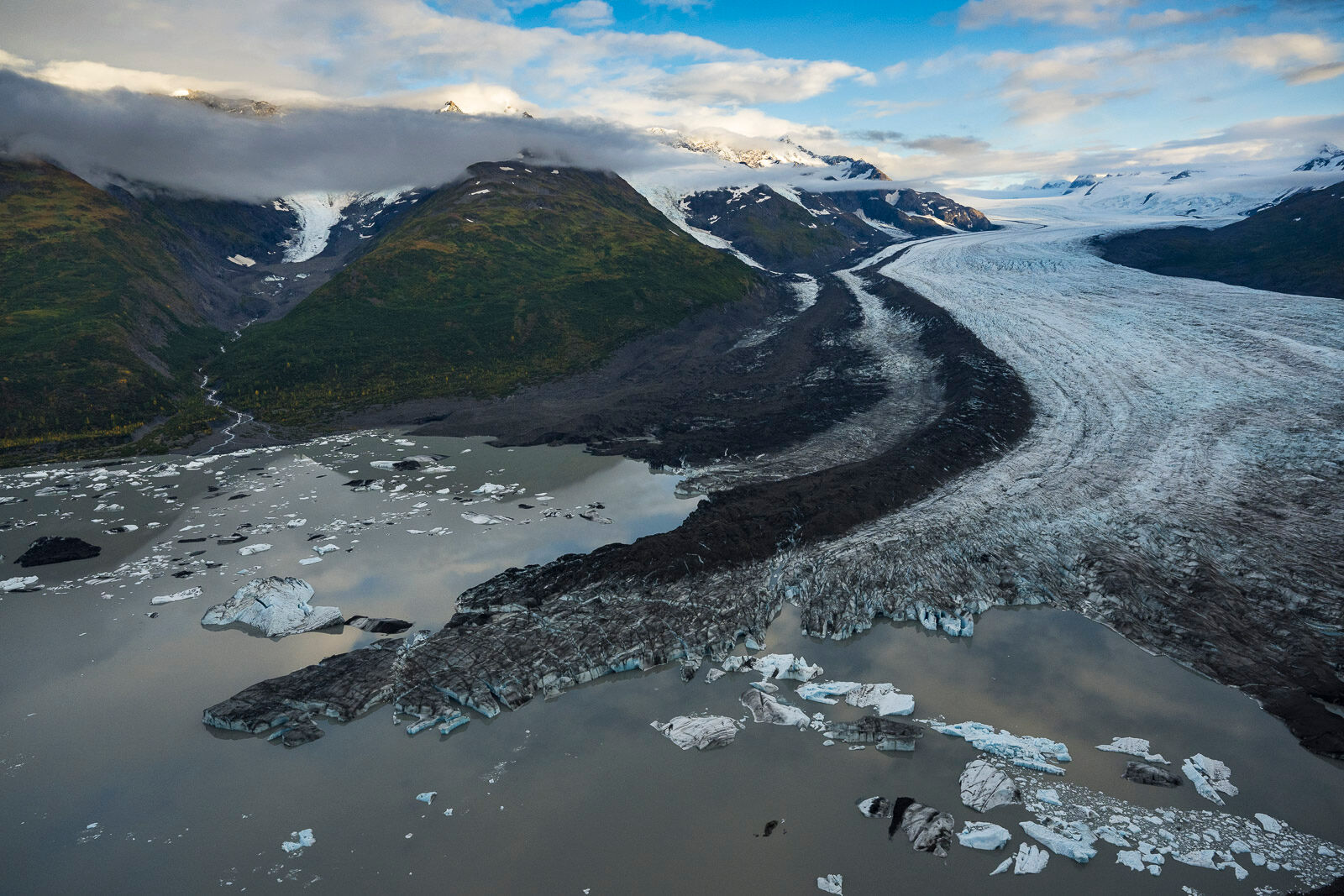 Lake George Glacier Aerial view of the Lake George Glacier north of Anchorage, viewed through the doorless side of an R-44 helicopter.