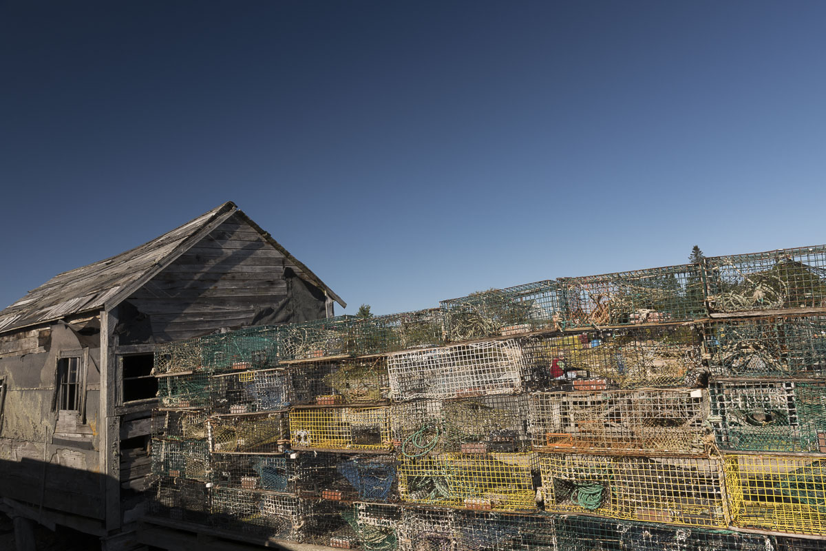 A stack of lobster pots, or lobster traps, await their next use to catch fresh lobster  in the small coastal town of Corea, Maine...
