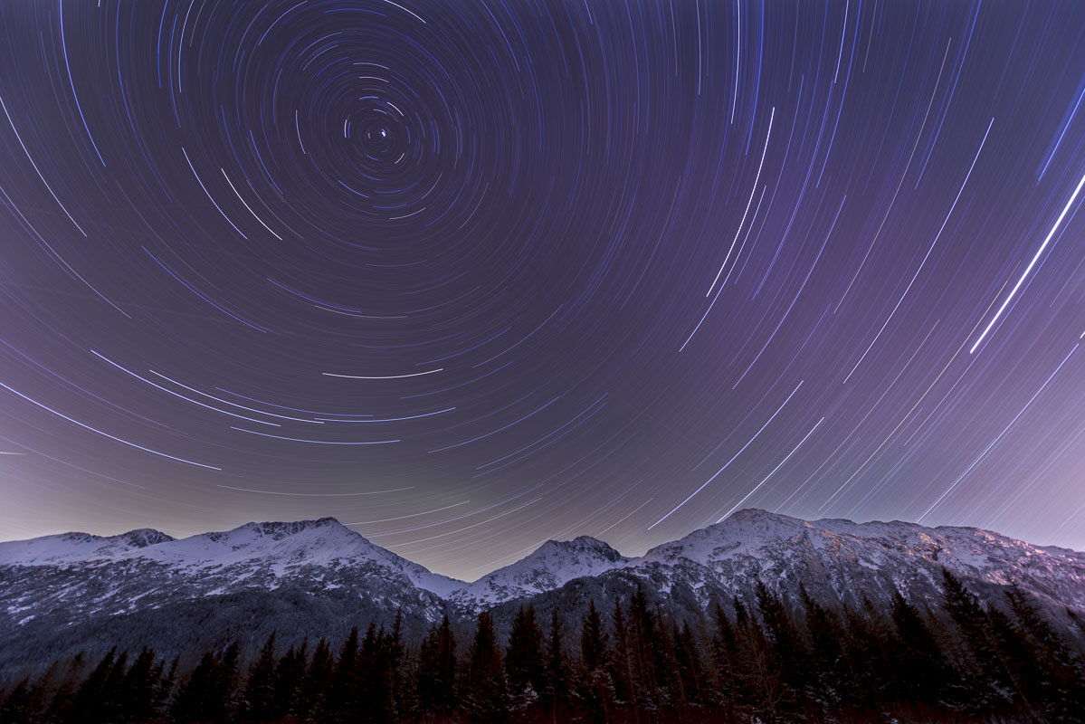 Single-frame star trails on digital, Portage Valley, Chugach National Forest