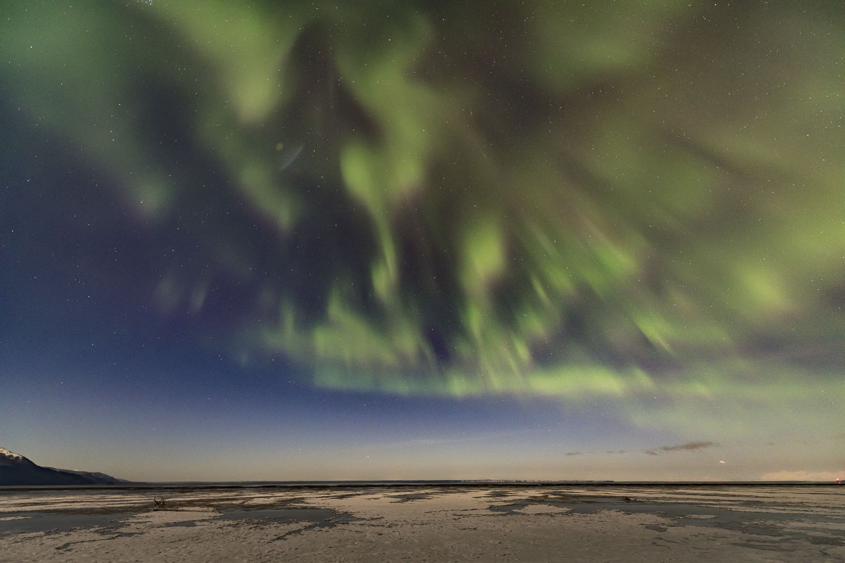 A pulsating aurora fills the sky over an icy Cook Inlet in early November. The landscape is lit up by a bright moon.