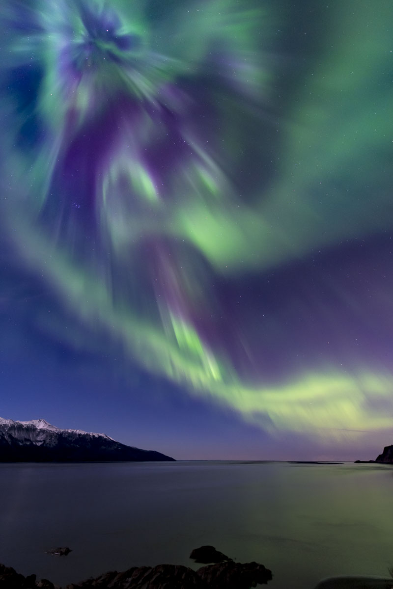 A vivid corona display of the aurora borealis looms high over Turnagain Arm in early November.