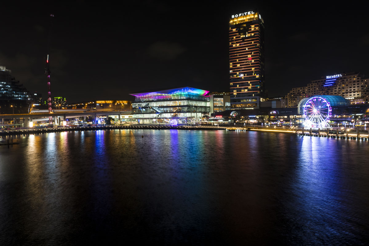 Nighttime view of the downtown Sydney, Australia waterfront.