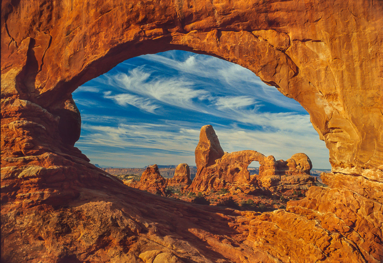 View of the Turret Arch through North Window Arch, Arches National Park,