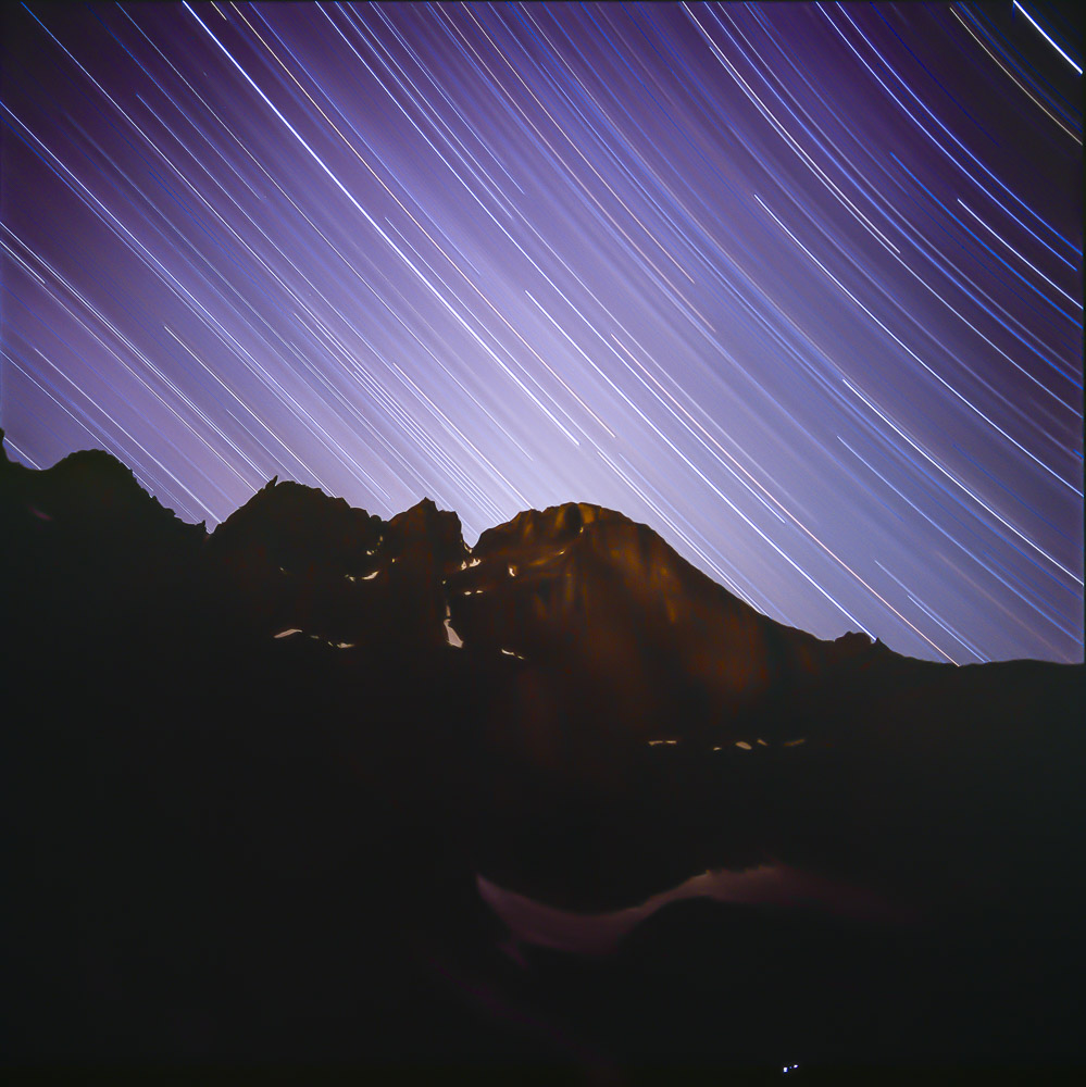 Multi-hour star trails photo using Fuji Velvia film, Chasm Lake, Rocky Mountain National Park