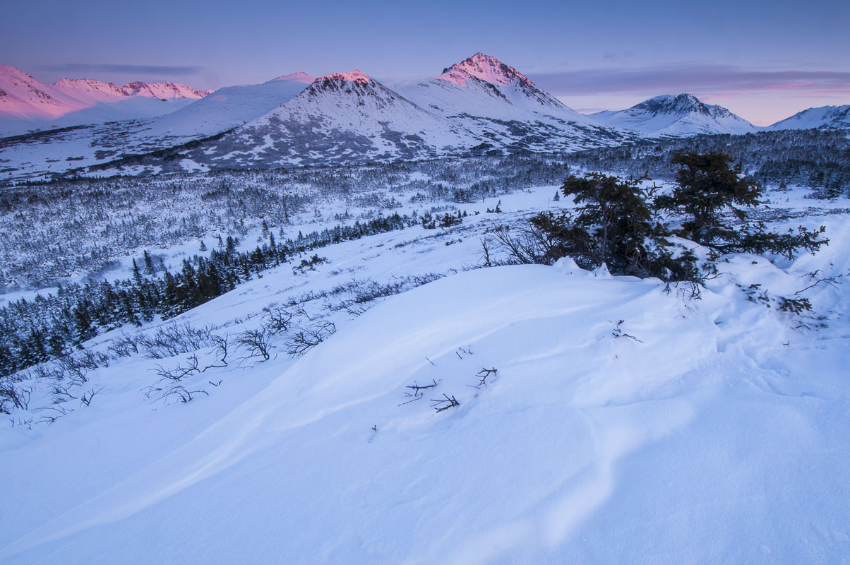 The last bit of evening alpenglow pinkens up O'Malley Peak and nearby ridges in the Chguach Front Range, Chugach State Park...