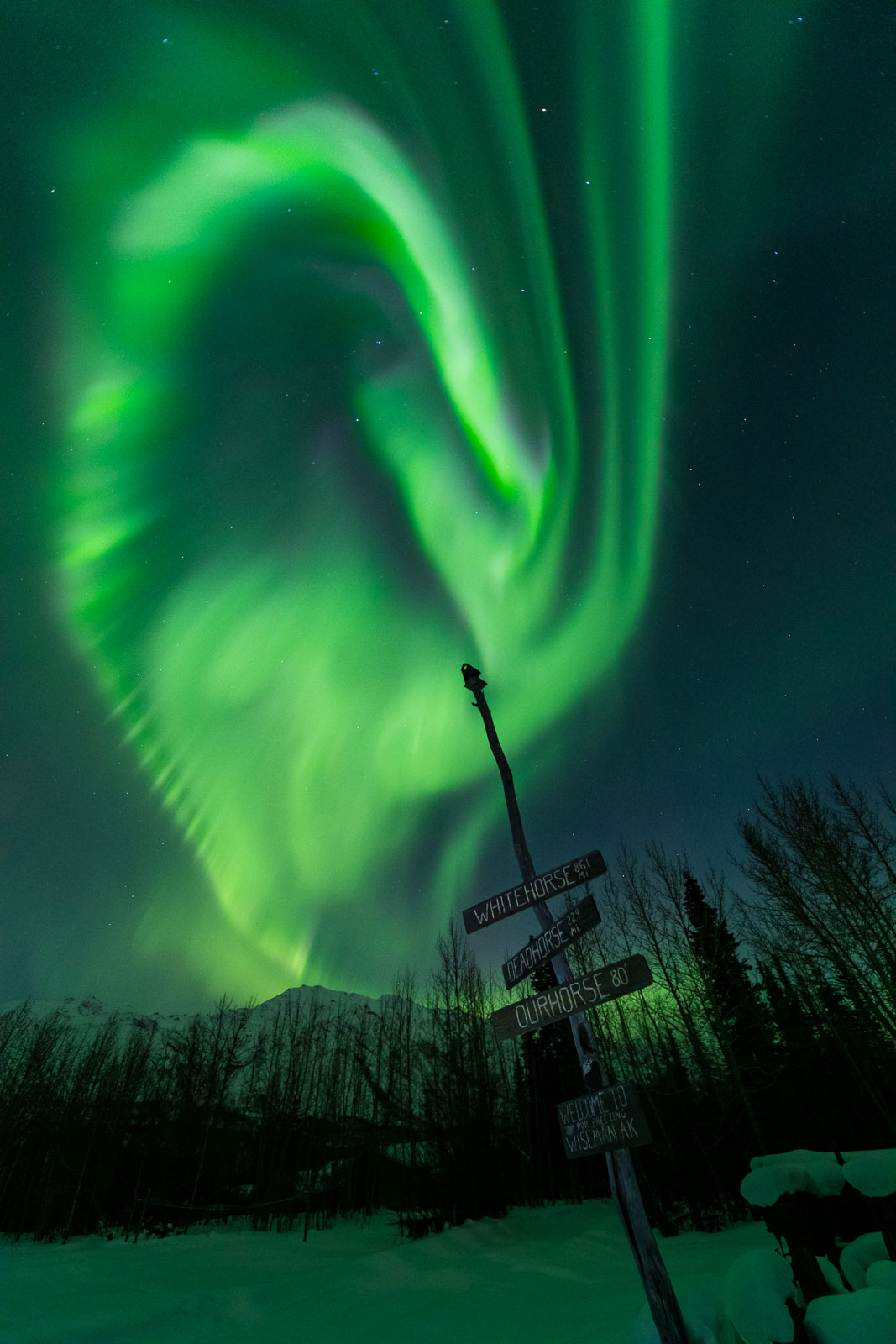 The aurora borealis soars over a sign in Wiseman, Alaska, that points to other destinations.
